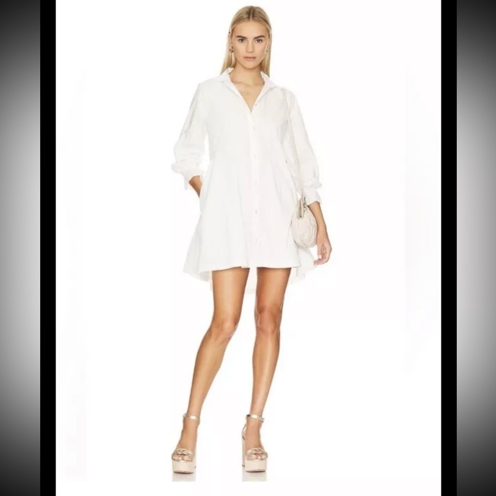 NWT FREE PEOPLE Hannah poplin cotton mini white dress with puff sleeves, S